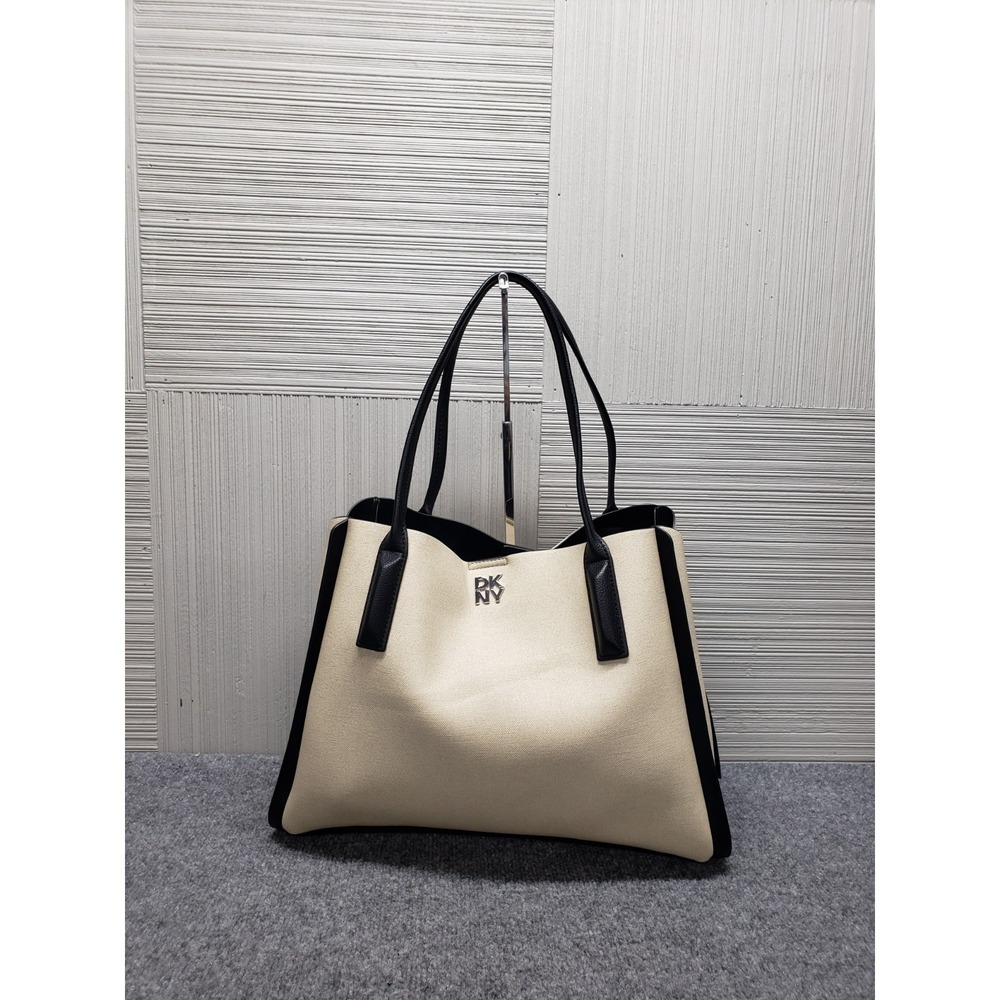 DKNY Women Tote Handbag Cream Black Side Panels Zip Double Handles Logo Outdoor‎